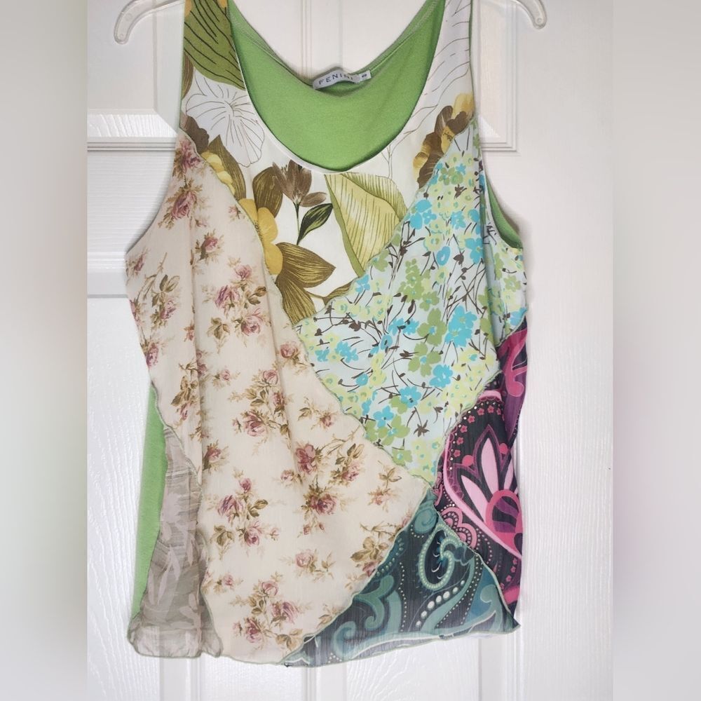 Fenini 0 Color Blocks Green Floral Print Slvless SILK Blend Women Top Blouse